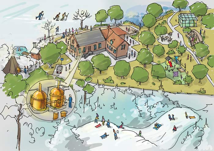 Vattenverket, sommar och vinter. Illustration: Kjell Ström