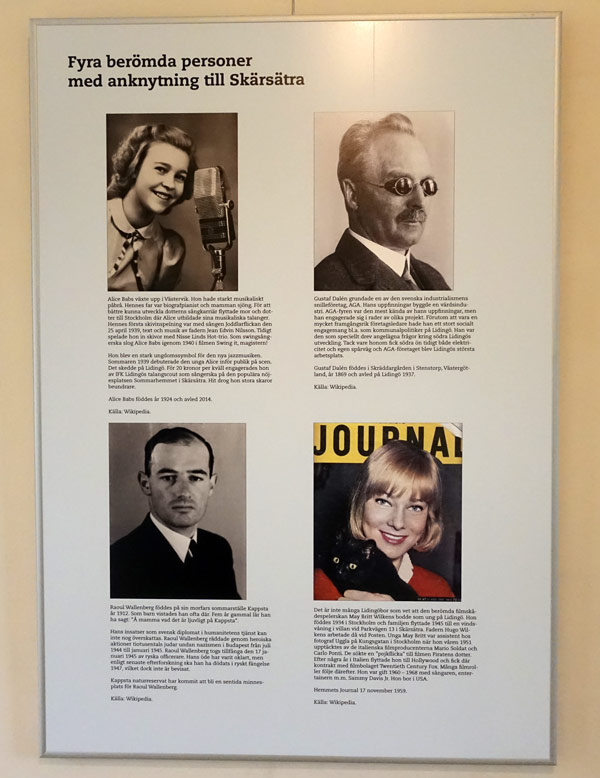 Fyra berömda personer med anknytning till Skärsätra: Alice Babs, Gustaf Dalén, Raoul Wallenberg och May Britt Wilkens.