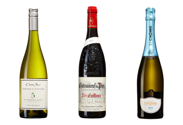 Det tre vinerna för april, fr.v. Cono Sur, Châteauneuf-du-Pape och Asti Cinzano.
