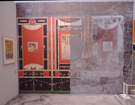 En fresk, som den ser ut idag (till höger) och som den kanske såg ut år 79.e.Kr. (till vänster).