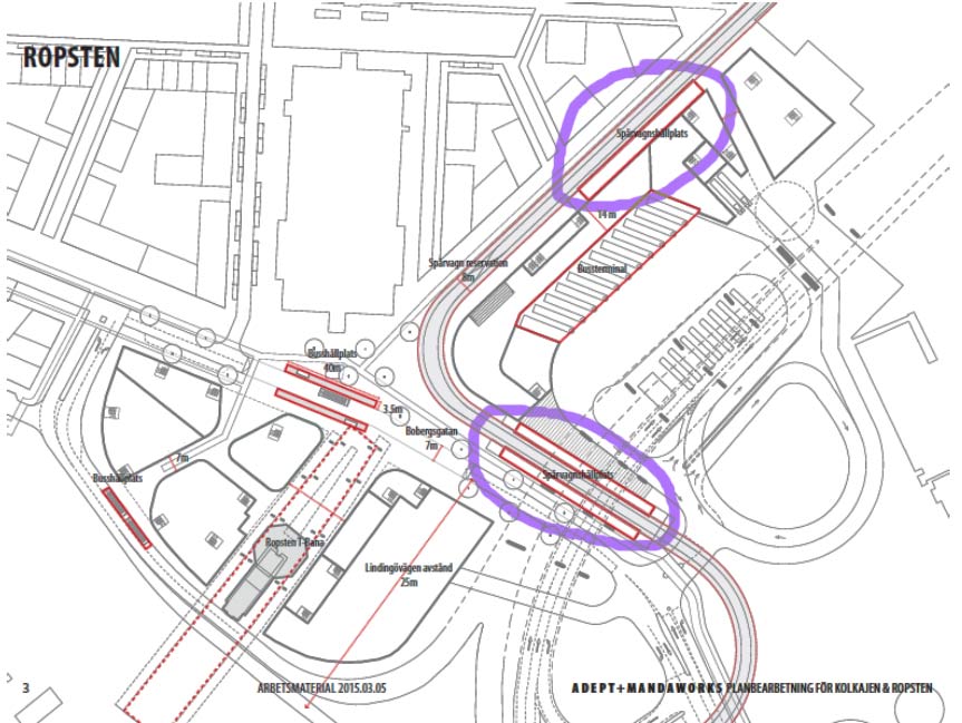 På skissen syns två spårvägshållplatser. Den som ligger närmast tunnelbanan (i den nedre blå cirkeln) anläggs endast om Spårväg City byggs. Avstånd 150 meter från tunnelbanan. Den andra hållplatsen (i den övre blå cirkeln) ligger på 300 meters avstånd från tunnelbanan och nära brofästet för Lilla Lidingöbron. Bussterminalen är flyttad till en plats mellan de blå cirklarna. Illustration: Adept+Mandaworks (inte cirklarna)
