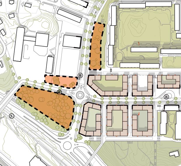 Ett av de två utvecklingsområdena är eventuell utbyggnad av bostadshus utmed Läroverks- och Larsbergvägarna, de brunmarkerade delarna. Illustration: Spacescape AB