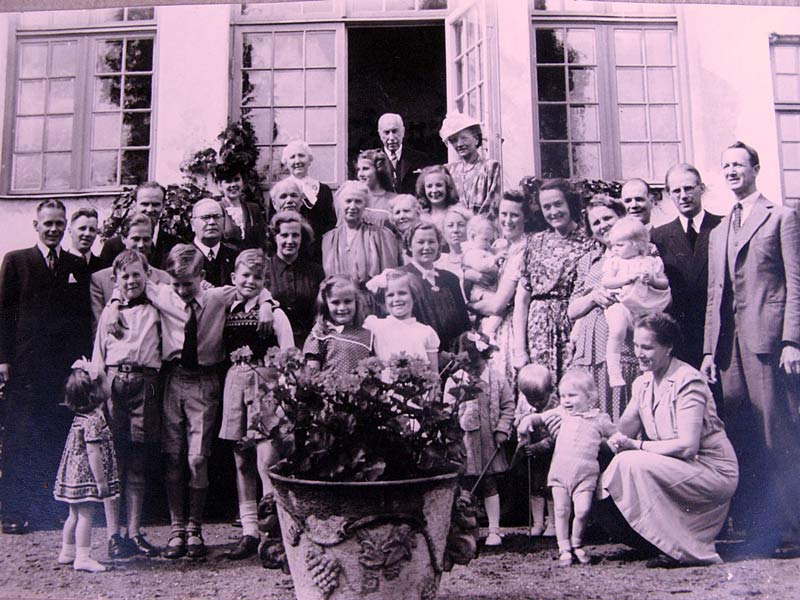 Fredrik Ljungström (lite skymd till vänster i tredje raden uppifrån) fyller 70 år och har samlat släkten på Ljungströmshov i Brevik. Textförattaren Inger Grimlund står mellan mannen högst upp och damen i hatten till höger. Året är 1945. Foto: Privat