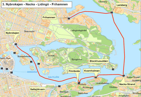 Nybroviken - Nacka - Lidingö - Frihamnen, en båtrutt som kommer allt närmare att bli permanent. Illustration: Landstingets trafiknämnd.