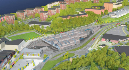 Den nya spårvagnsdepån sedd från en tänkt plats ovanför Bergsätra. Larsberg i bakgrunden, Dalénumbyggnaden nere till vänster. Illustration: &Rundquist