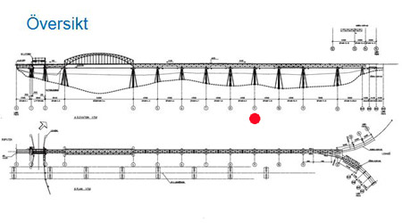 Översiktsritning av Gamla Lidingöbron. Vid den röda punkten finns brostöd nummer 9. Allt till höger om detta är enligt Tore Lundmark, Ramböll, inte värt att renovera. Illustration: Lidingö stad